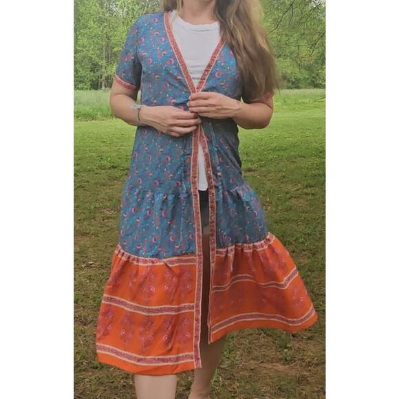 Button up lightweight tiered midi cover up dress colorblock floral multicolor - Picture 2 of 16